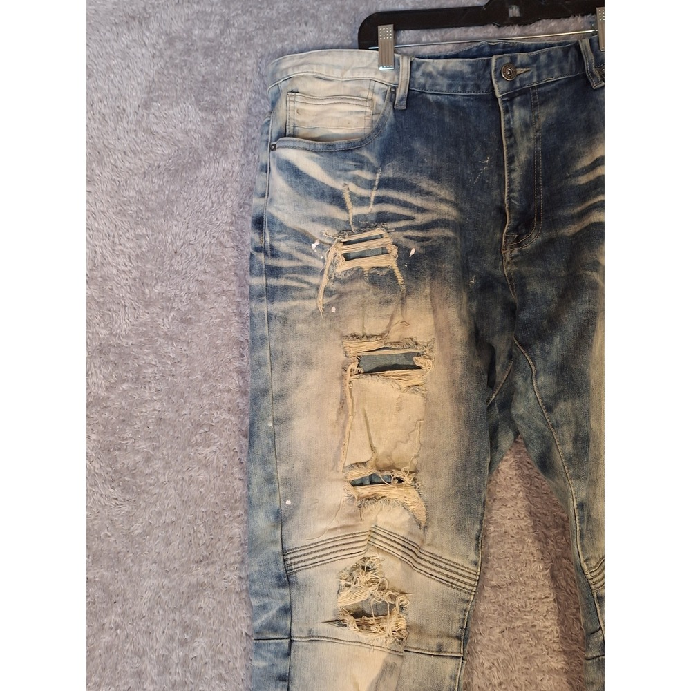 SMOKE RISE DENIM CO Mens Jeans 40x32 Blue Distressed Moto Ripped Splatter Grunge - Picture 5 of 16